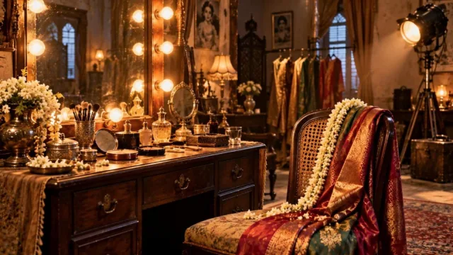 A vintage 1950s film dressing room with a bulb-lit mirror, jasmine flowers and a silk saree