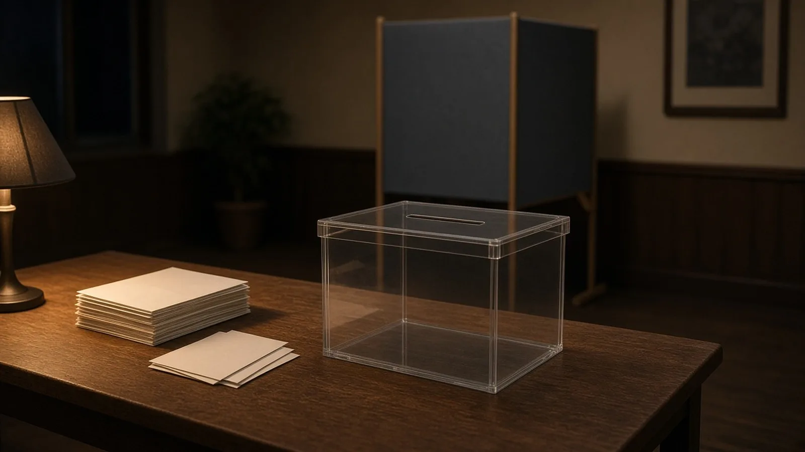 An empty transparent ballot box on a wooden table beside blank envelopes in a dimly lit polling station