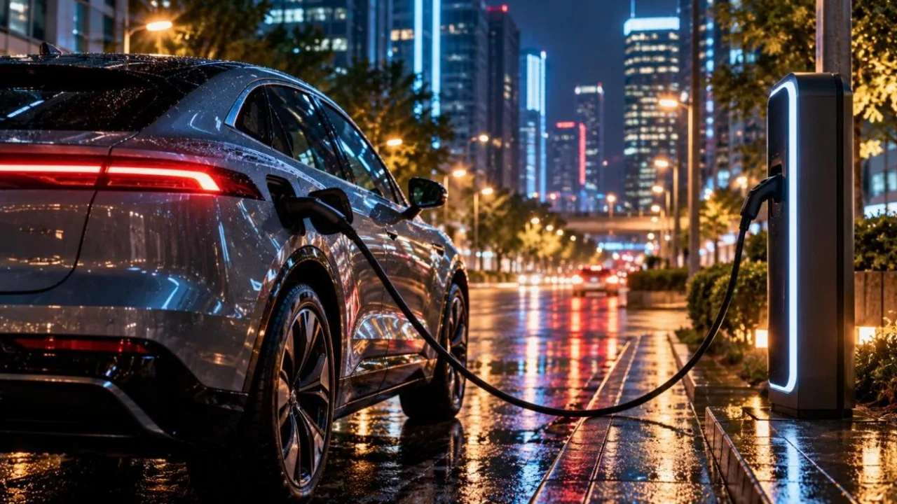 A sleek unbranded electric car charging at a station in a modern city at night