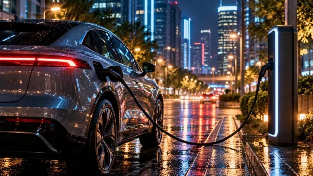 A sleek unbranded electric car charging at a station in a modern city at night