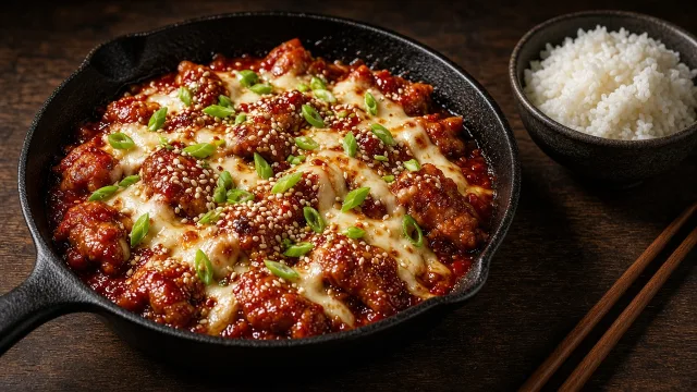 A cast-iron pan of glossy red spicy chicken topped with melted cheese, sesame seeds and spring onions