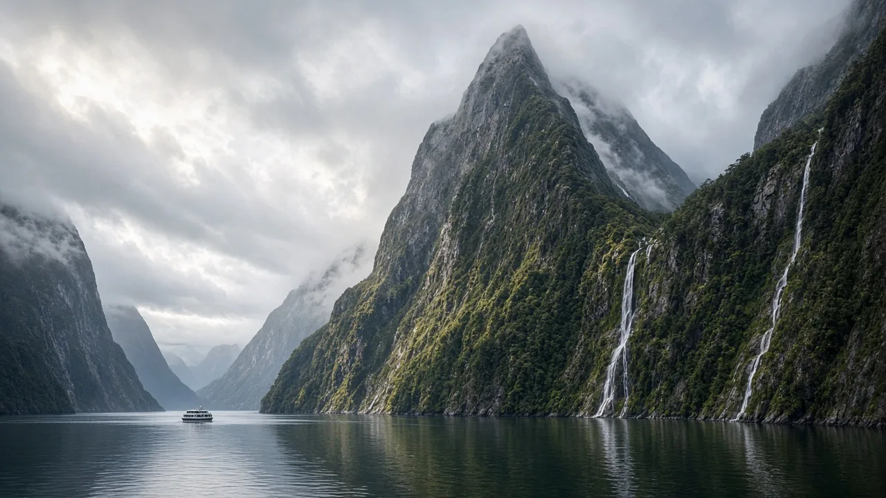 Mitre Peak rising above the still waters of Milford Sound with waterfalls on the cliffs