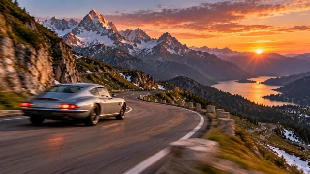 Sleek silver sports car blurred on a winding Alpine road at sunset