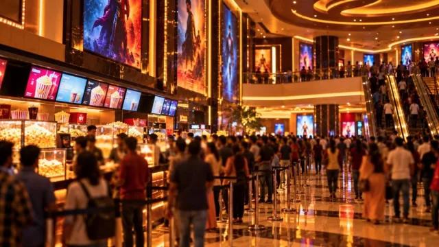 A busy Indian multiplex cinema lobby at night with moviegoers and popcorn counters