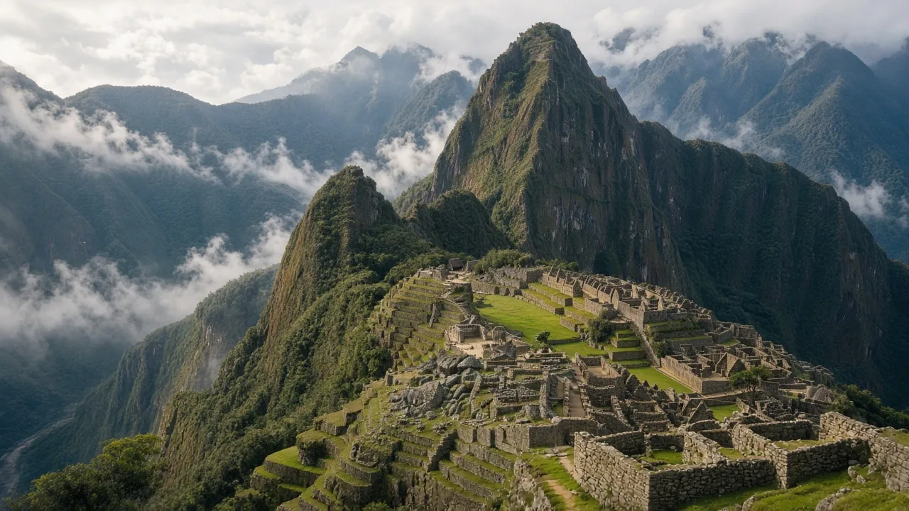 The stone ruins and terraces of Machu Picchu with Huayna Picchu rising behind in morning cloud