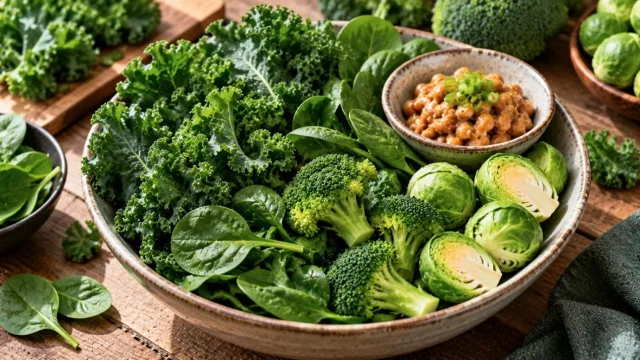 Bowl of kale, spinach, broccoli and Brussels sprouts beside a small dish of fermented soybeans