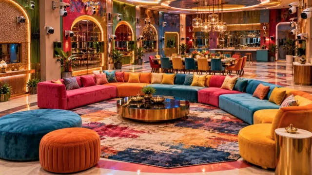 A colourful reality TV house living room with sofas and small cameras mounted on the walls