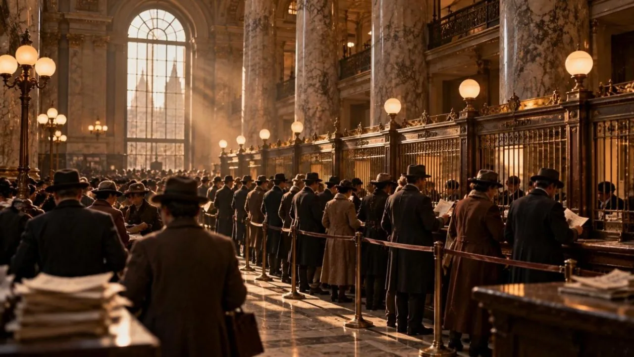 1907 New York bank interior with marble columns and anxious crowds queuing at teller windows