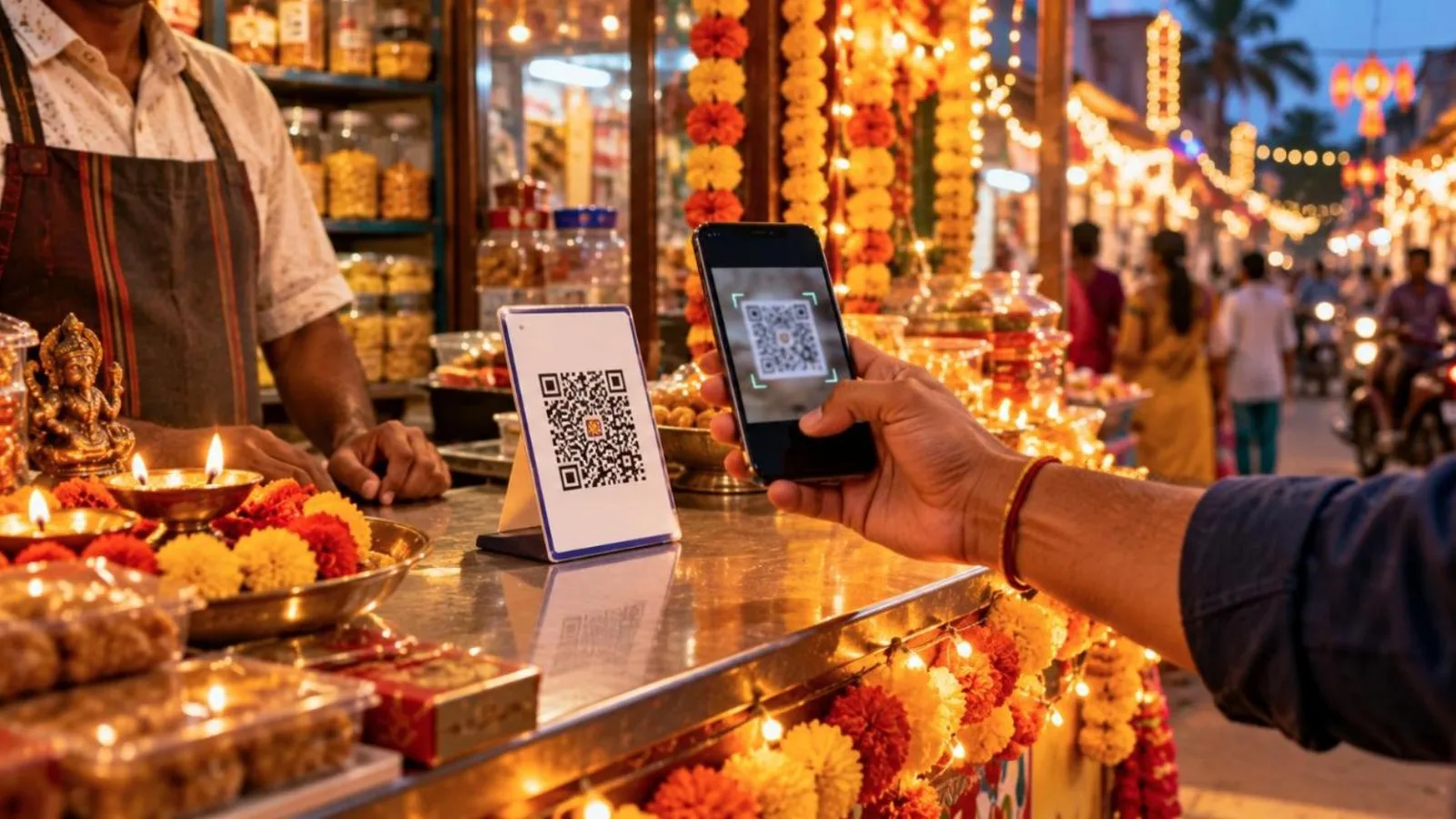 A customer scanning a QR code at a festive shop counter decorated with Diwali lights