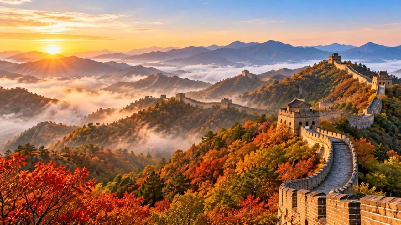 The Great Wall of China winding over mountain ridges with watchtowers in autumn mist