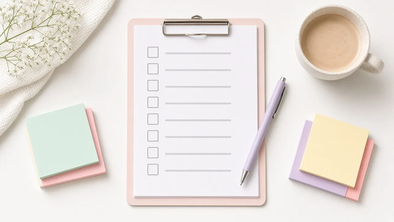 Editorial illustration of a clipboard with a numbered checklist beside neatly arranged office supplies