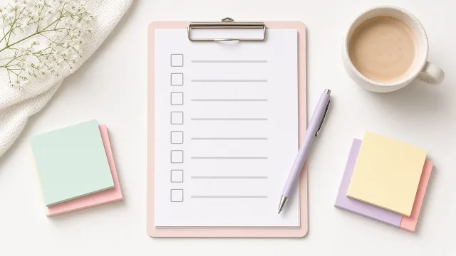 Editorial illustration of a clipboard with a numbered checklist beside neatly arranged office supplies