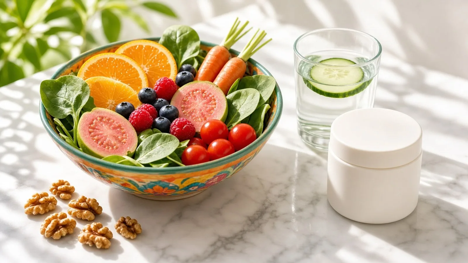 A bowl of colourful fruit and vegetables, walnuts, a glass of cucumber water and a plain white moisturiser jar on marble in sunlight