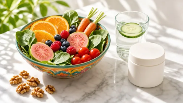 A bowl of colourful fruit and vegetables, walnuts, a glass of cucumber water and a plain white moisturiser jar on marble in sunlight
