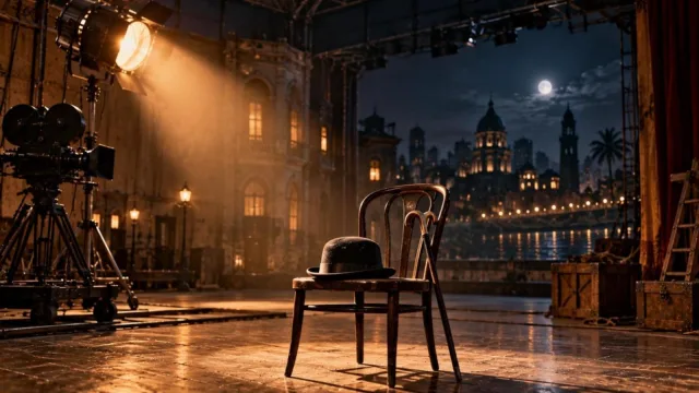 A 1950s film studio stage with a spotlight on a bowler hat and walking cane resting on a chair