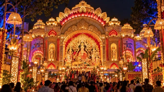 A grand illuminated Durga Puja pandal in Kolkata at night with crowds walking toward it