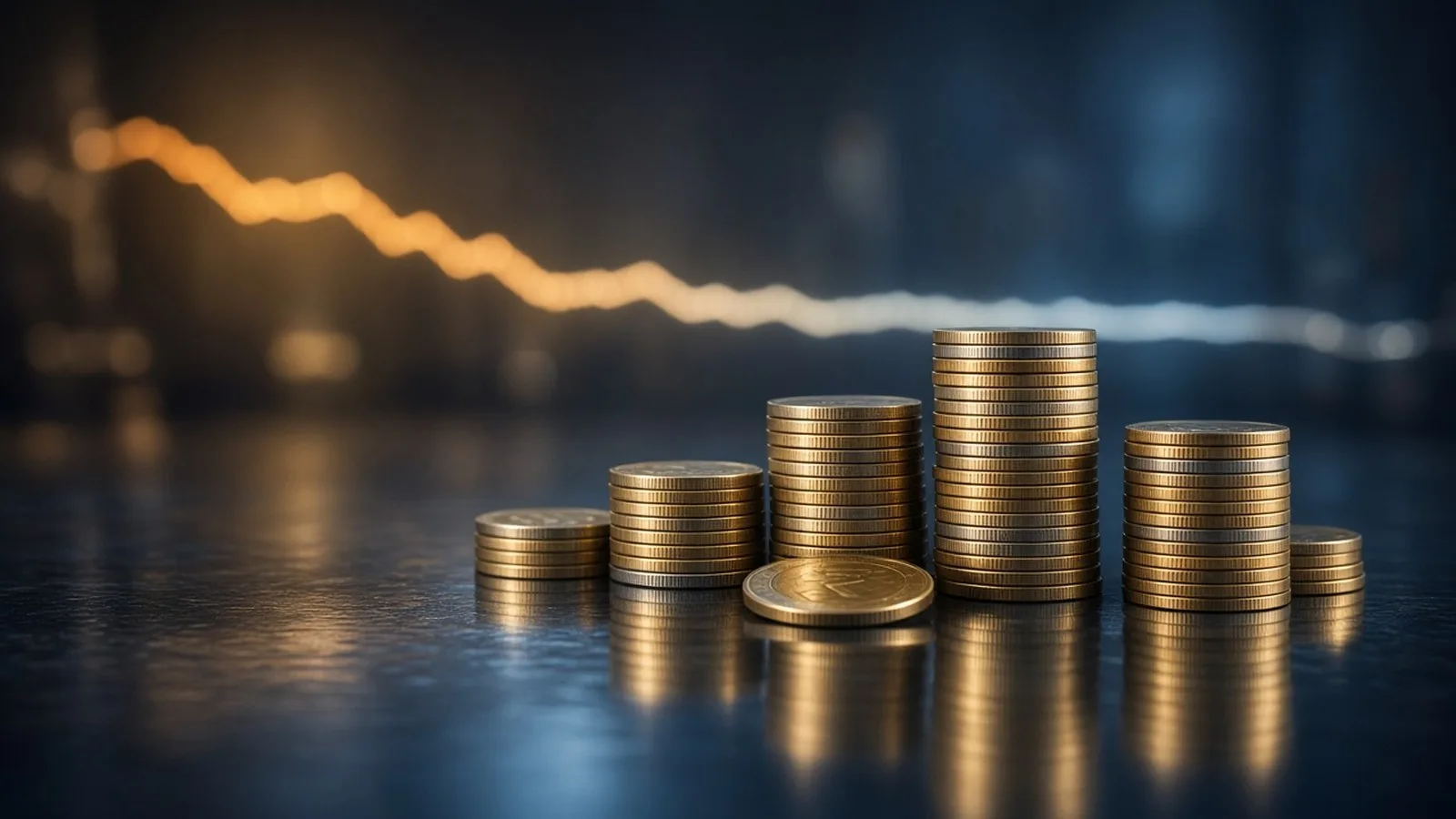Stacks of coins on a reflective dark surface with a blurred glowing line graph in the background that falls and then levels off