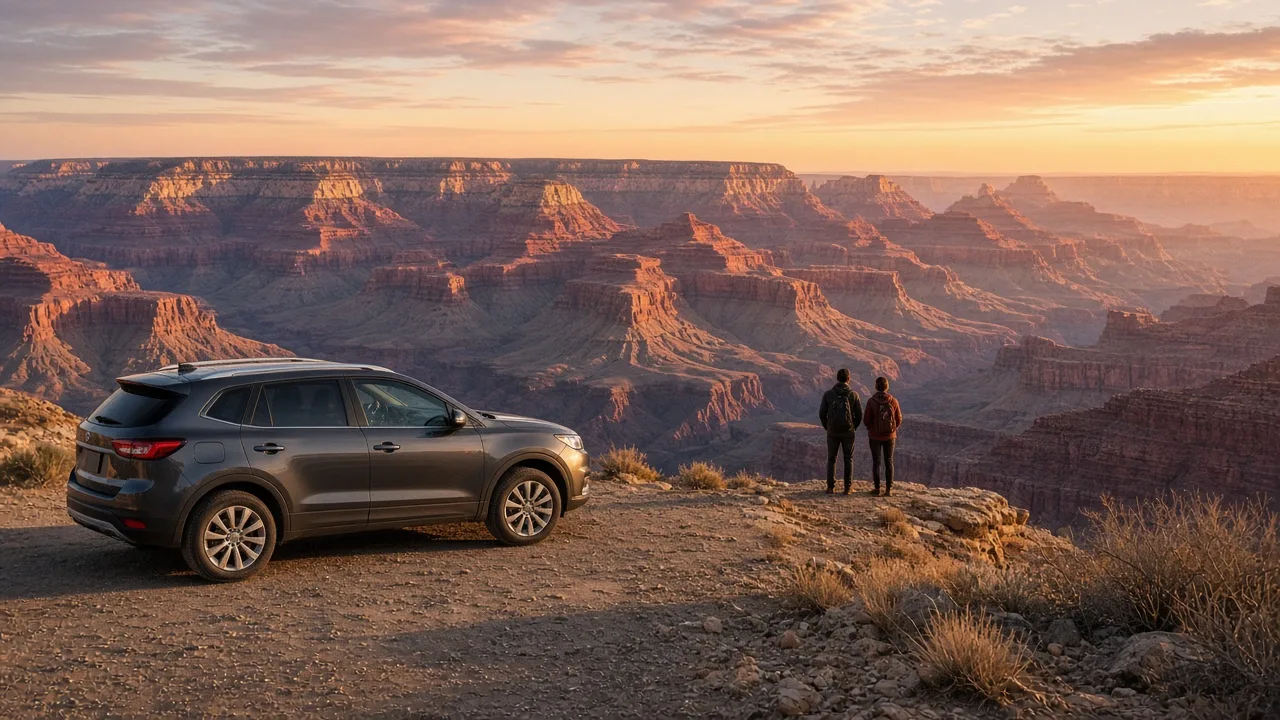 A car parked at a Grand Canyon overlook at sunrise with travellers admiring the view