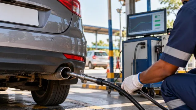 An emission testing probe inserted into a car exhaust pipe at a roadside PUC booth
