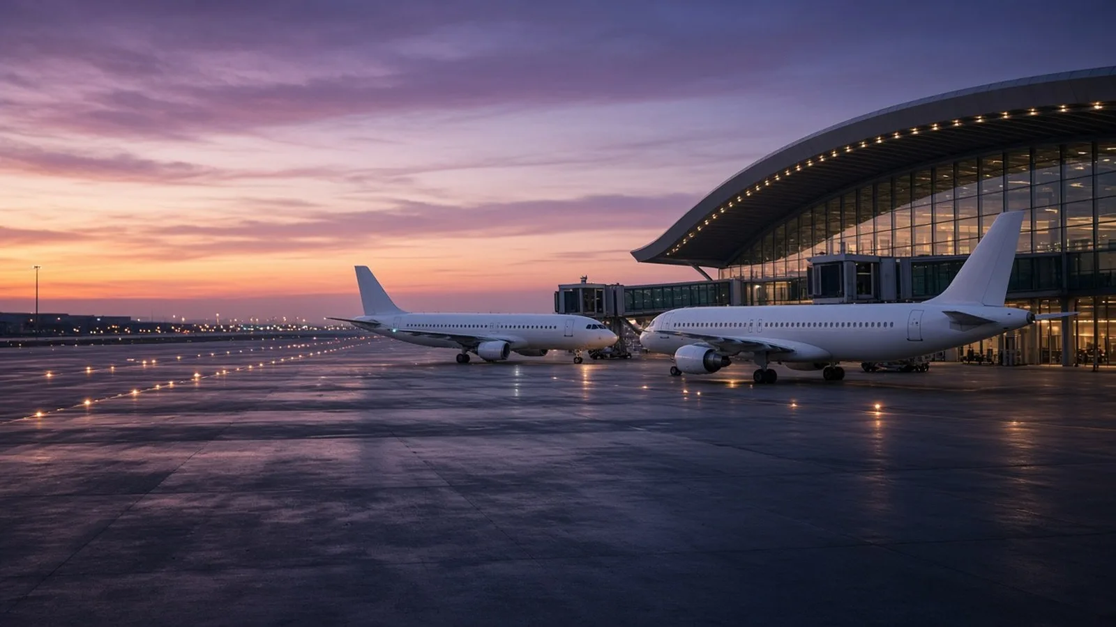 Two plain white passenger jets parked at a modern glass airport terminal at dusk, with jet bridges attached and runway lights glowing