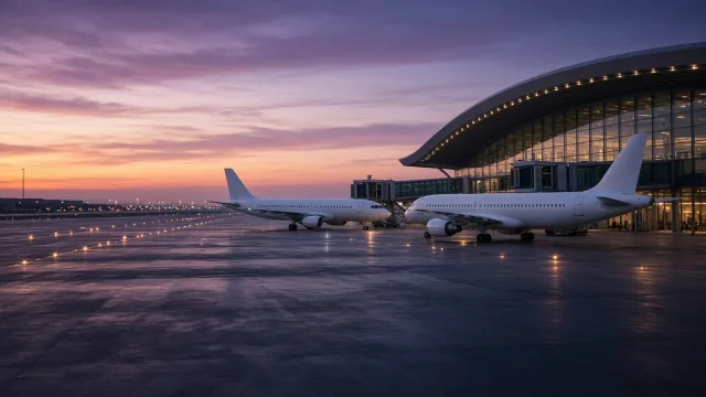 Two plain white passenger jets parked at a modern glass airport terminal at dusk, with jet bridges attached and runway lights glowing