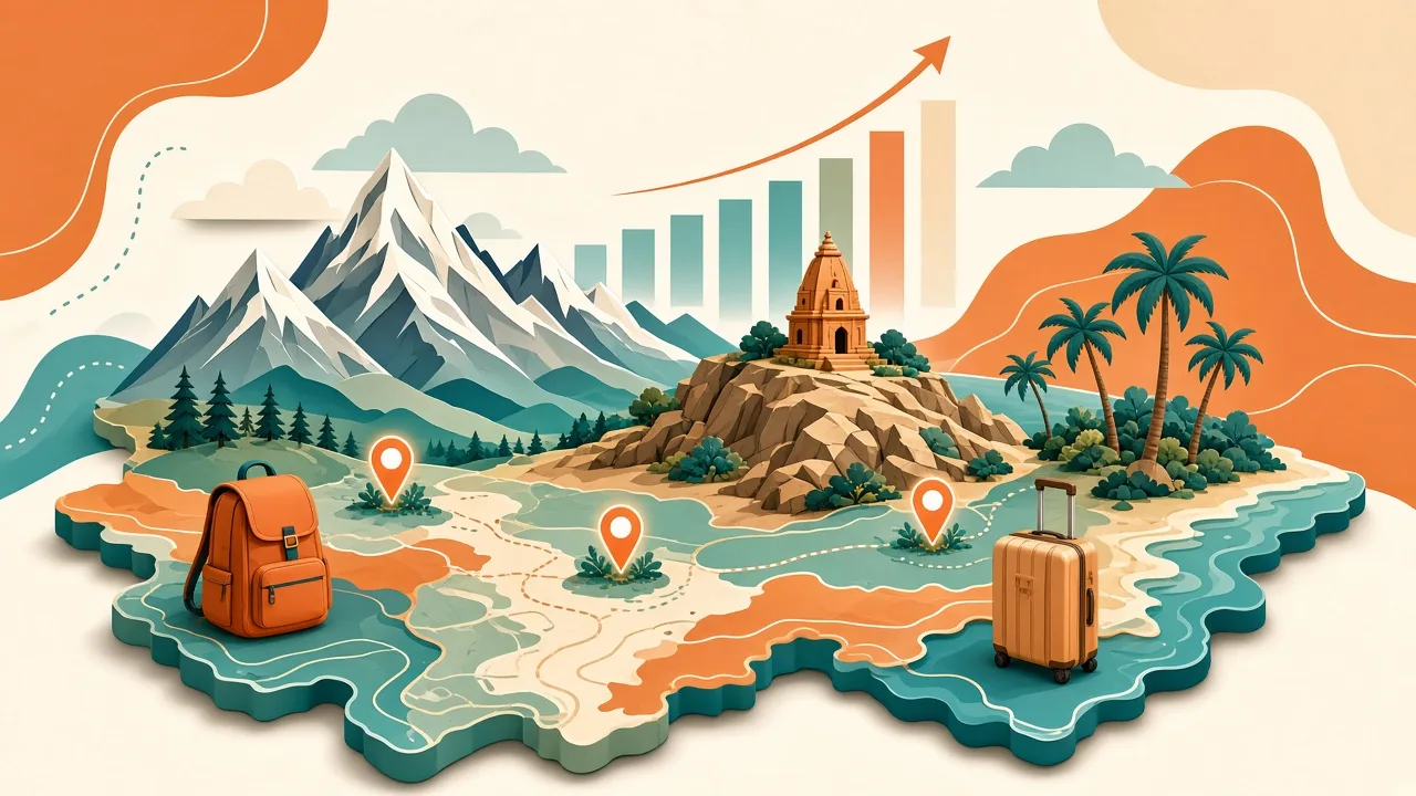 Backpack and suitcase on an illustrated map of India with glowing pins, mountains and coastline, representing festive travel trends