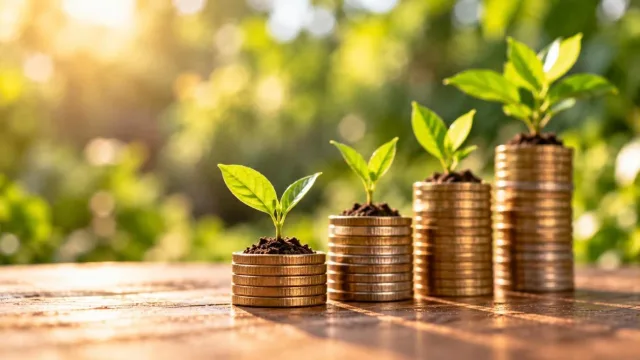 Sapling growing from coins with taller coin stacks behind it