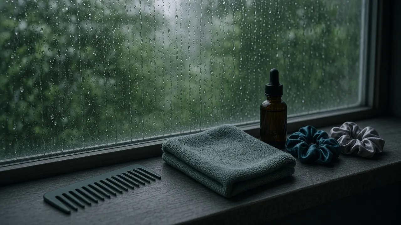 Editorial illustration of a rain-streaked window with a wide-tooth comb, a microfibre towel and a hair serum bottle on a sill