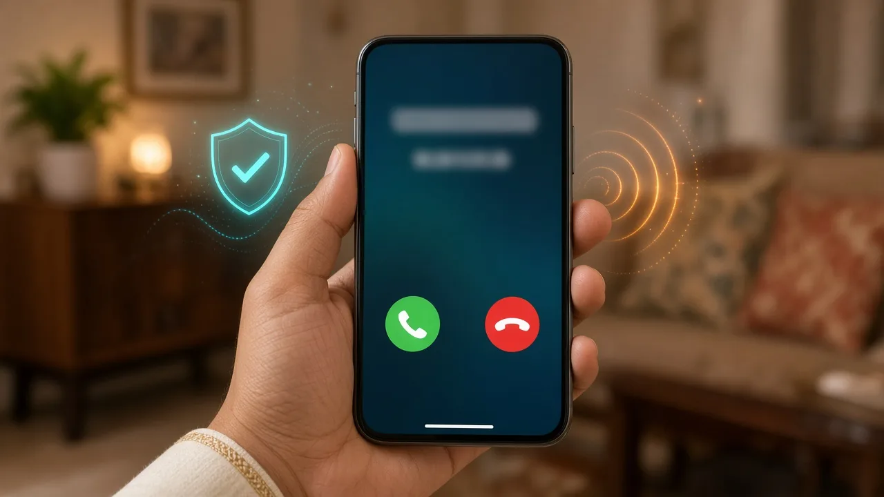 Smartphone showing an incoming call screen with a caller name above the number, illustrating India's CNAP caller name display