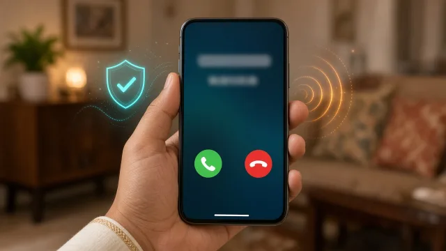 Smartphone showing an incoming call screen with a caller name above the number, illustrating India's CNAP caller name display