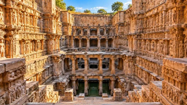 Multi-level carved stone corridors of the Rani ki Vav stepwell in Patan, Gujarat