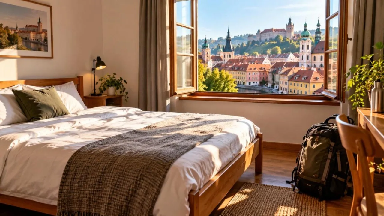 Cosy simple private room with a backpack and a window overlooking colourful old European rooftops