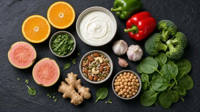 Oranges, guavas, yogurt, peppers, broccoli, spinach, nuts, chickpeas, garlic and ginger arranged on a dark slate surface