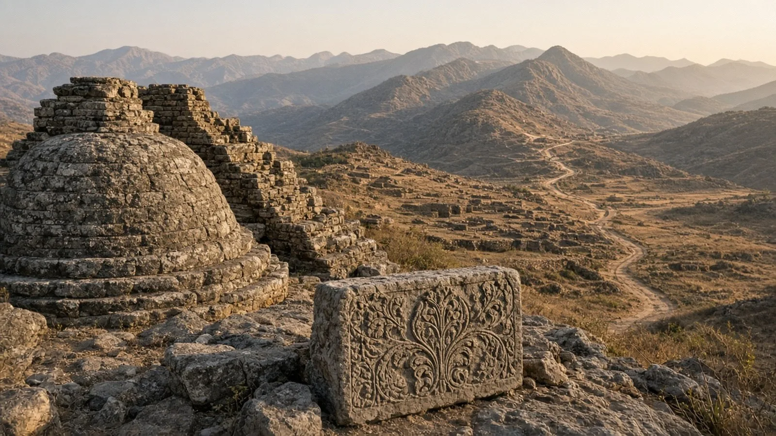 Weathered grey stone ruins of a Buddhist stupa dome and crumbling masonry walls on a rocky hillside, with a stone block carved with a floral-vine scroll in the foreground and arid mountains and a wind