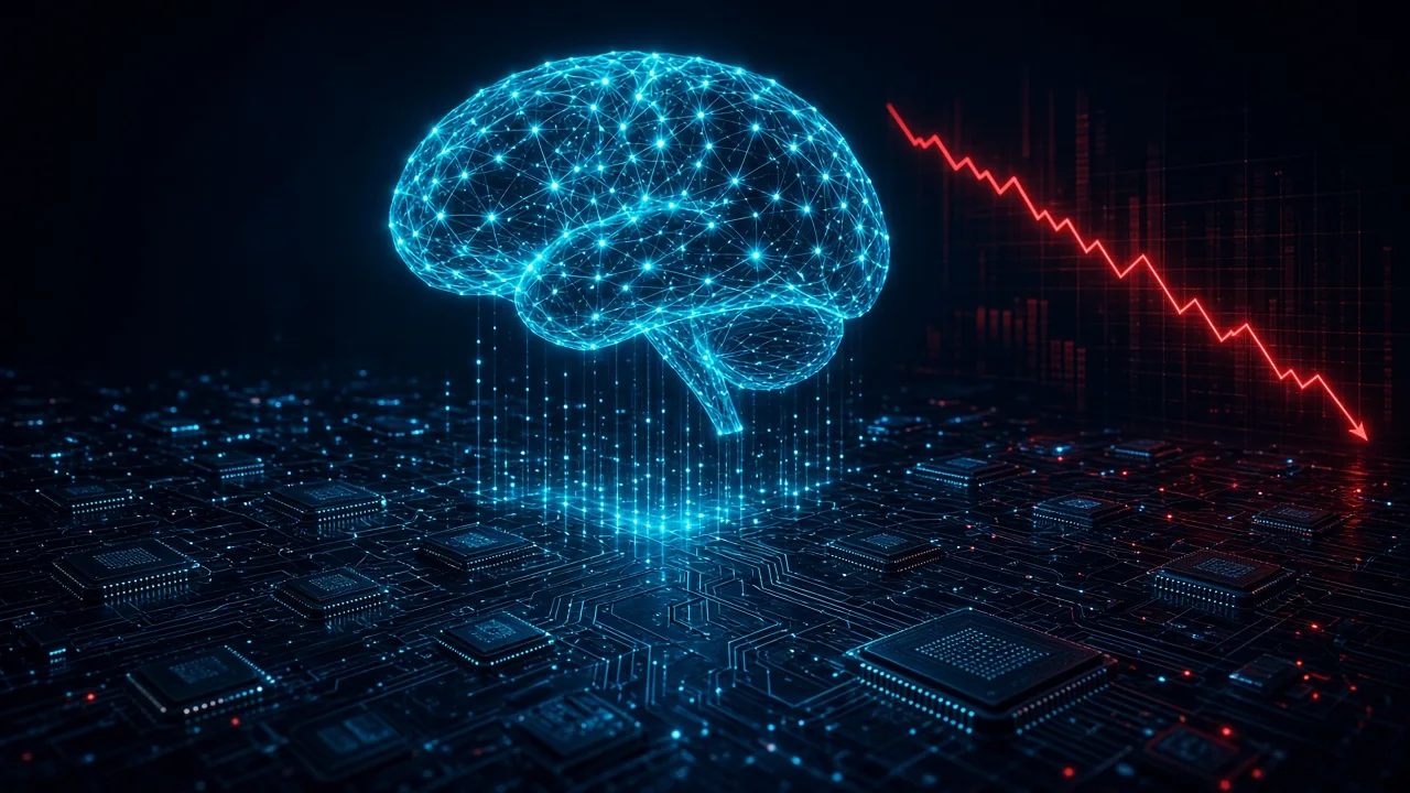 Glowing AI brain above circuit-board chips with a falling red stock chart