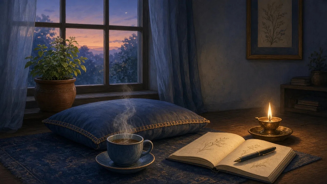 Editorial illustration of a calm corner with a cup of herbal tea, an open notebook and a lit diya beside a window