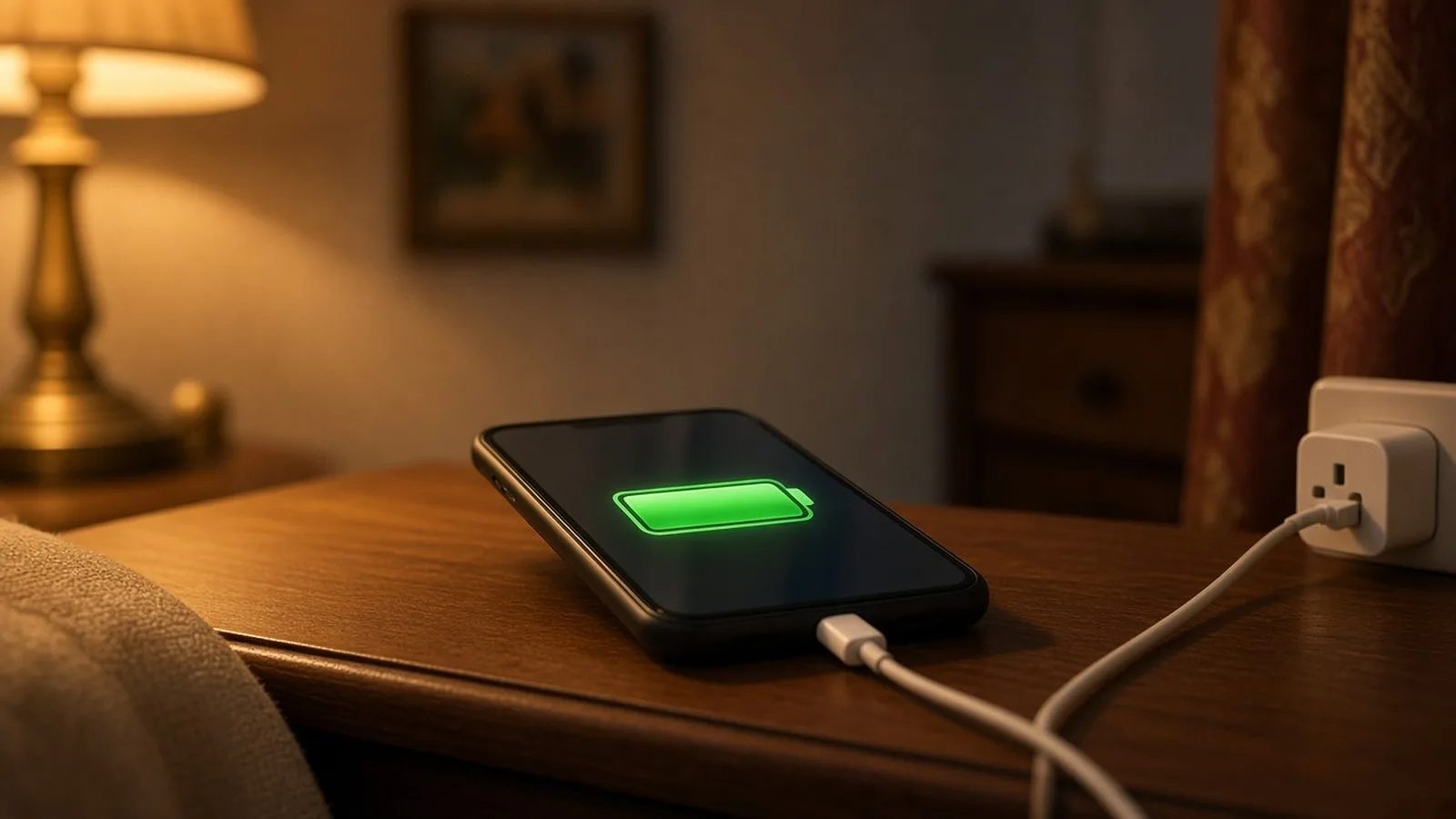 Smartphone charging on a bedside table with a white cable, its screen showing a green battery symbol