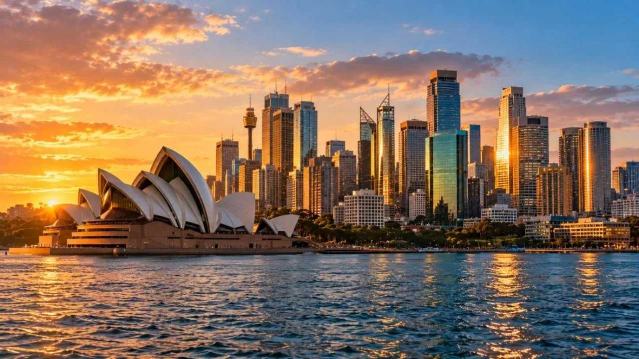 Sydney harbour skyline at golden hour with modern office towers