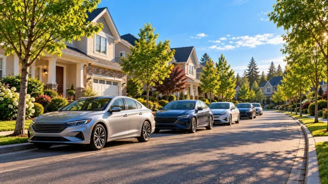 Sunny suburban street with a row of family sedans parked outside houses