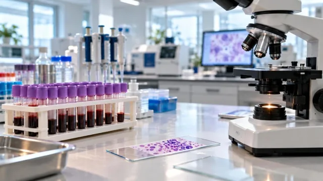 Laboratory bench with blood sample tubes, a microscope and a slide