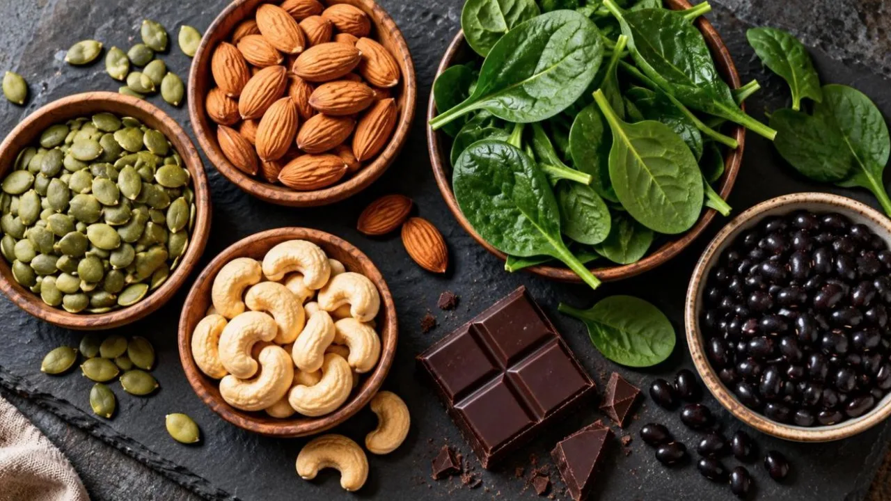 Flat lay of pumpkin seeds, almonds, cashews, spinach, black beans and dark chocolate on a slate board