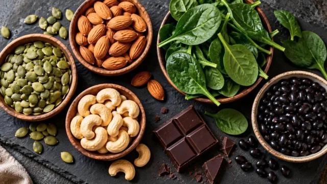 Flat lay of pumpkin seeds, almonds, cashews, spinach, black beans and dark chocolate on a slate board