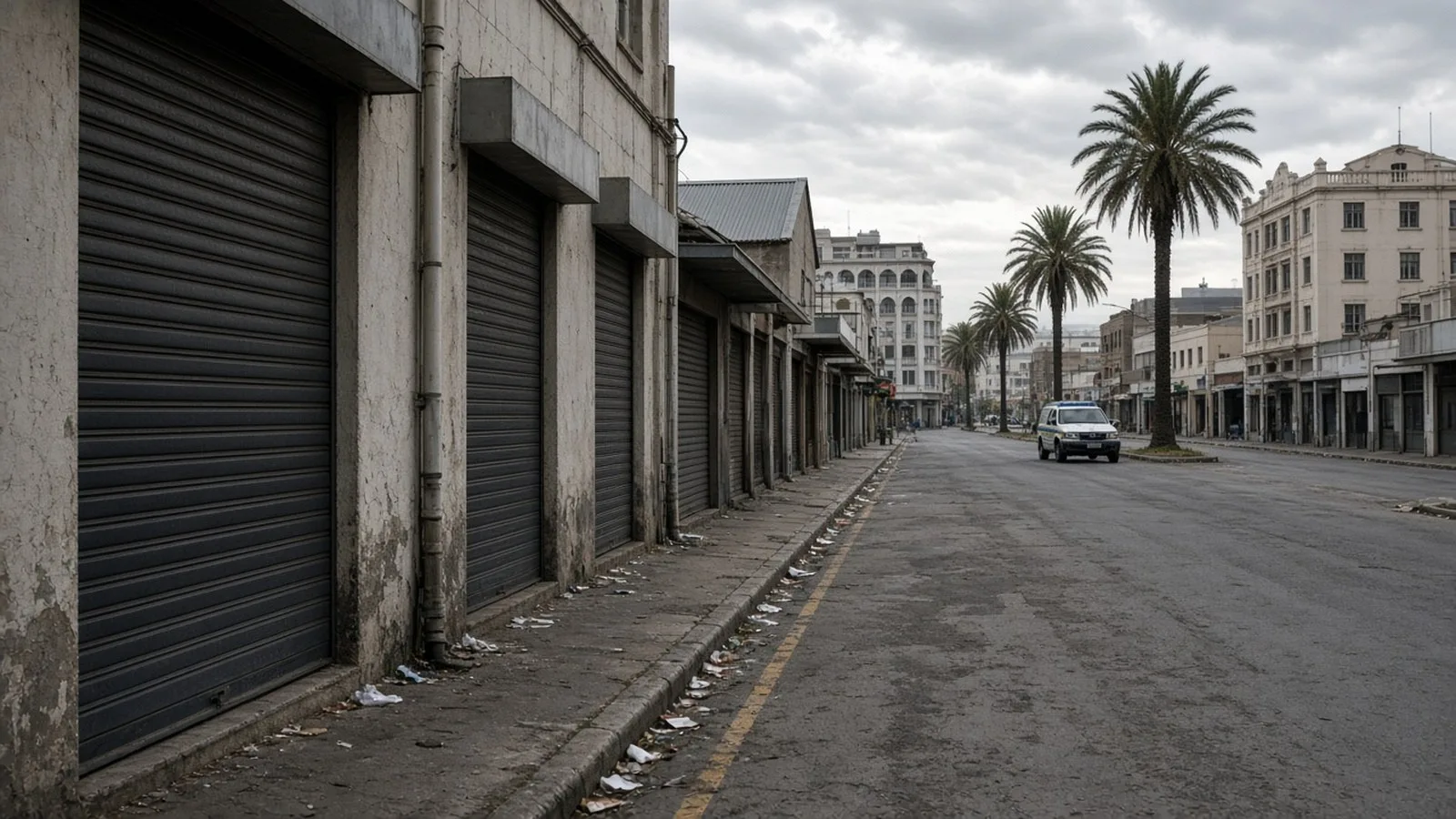A quiet city street lined with shuttered shops and palm trees under an overcast sky, with a police vehicle in the distance.