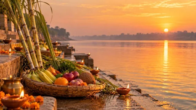 Riverbank at sunrise with bamboo baskets of fruit and lit clay lamps