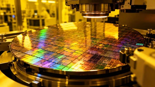 Iridescent silicon wafer on a machine under yellow clean-room light