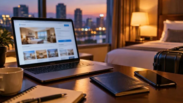 A laptop showing a blurred hotel booking page beside a passport and a phone on a desk