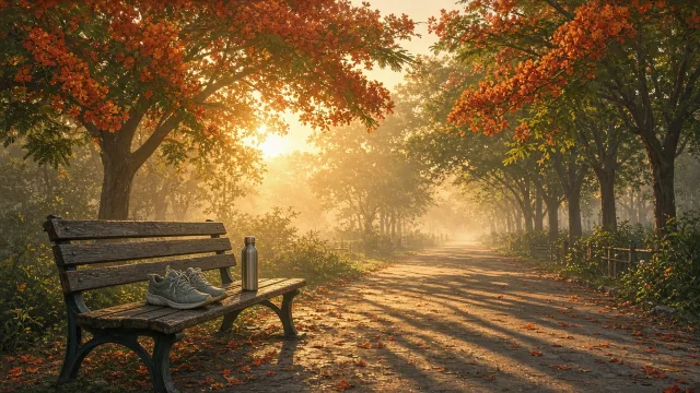 Editorial illustration of a tree-lined park path at sunrise with a pair of running shoes and a water bottle on a bench