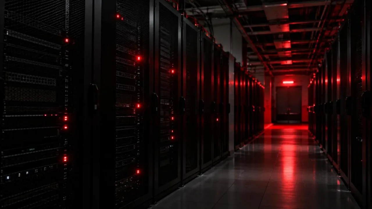 Rows of server racks in a dim data centre with red warning lights during a power failure