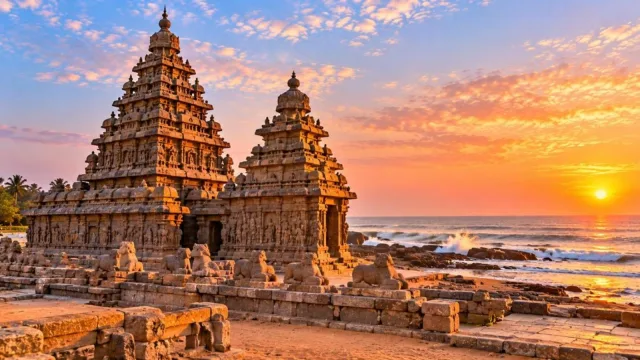 The Shore Temple at Mahabalipuram on the beach with waves at sunrise
