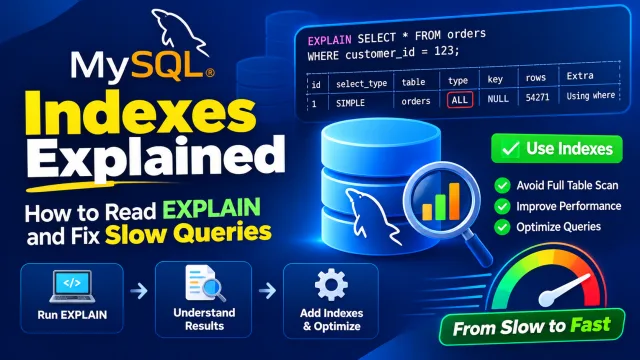 Banner for MySQL Indexes showing EXPLAIN query optimization, B-Tree index lookup, and execution time drops